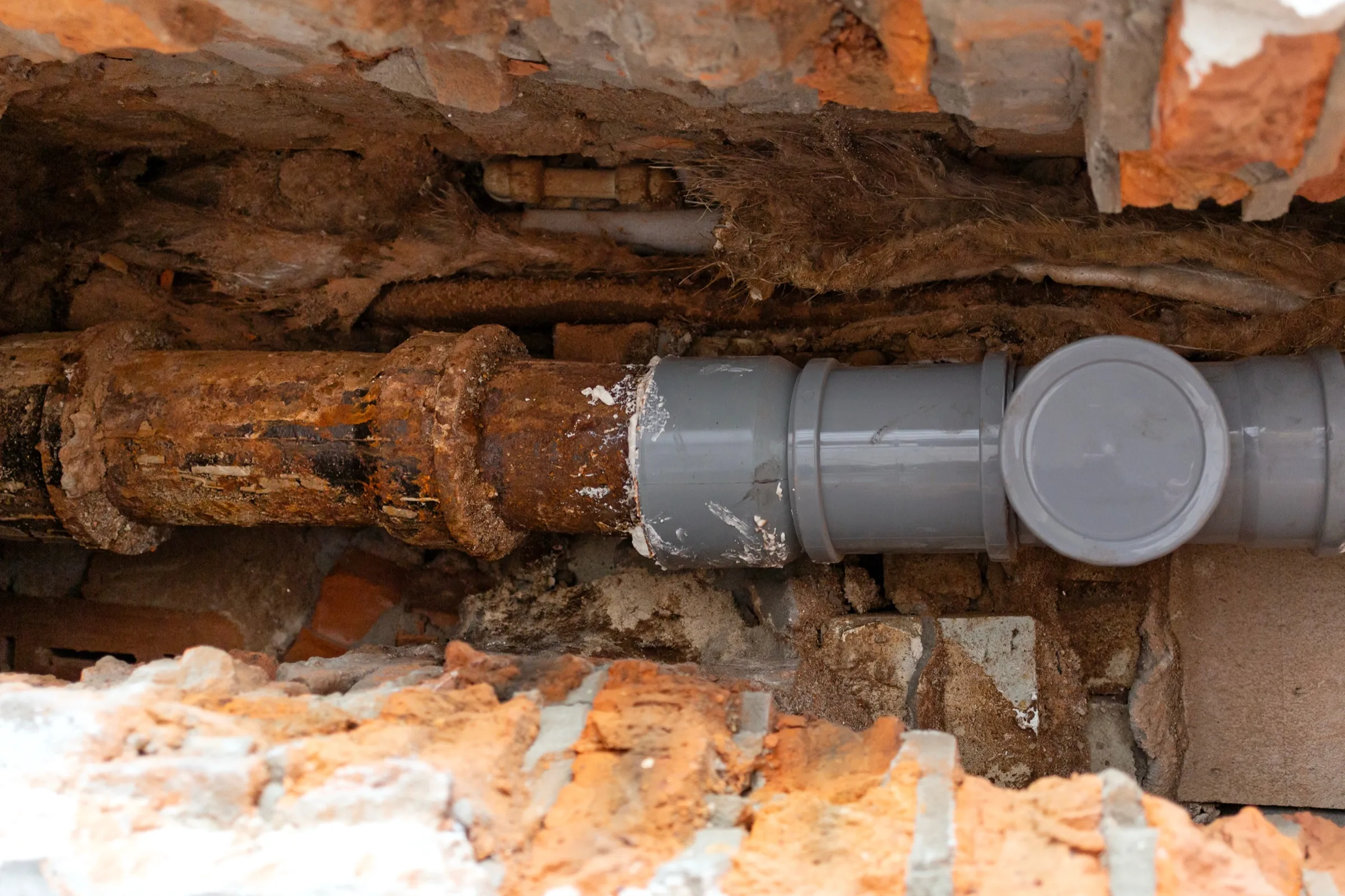 Heavily corroded cast iron drain pipe joined to a new plastic replacement section in the excavated base of an older home.