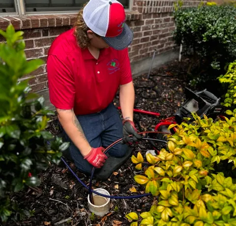 Hole in One Plumbing technician running test lines into an outdoor sewer cleanout