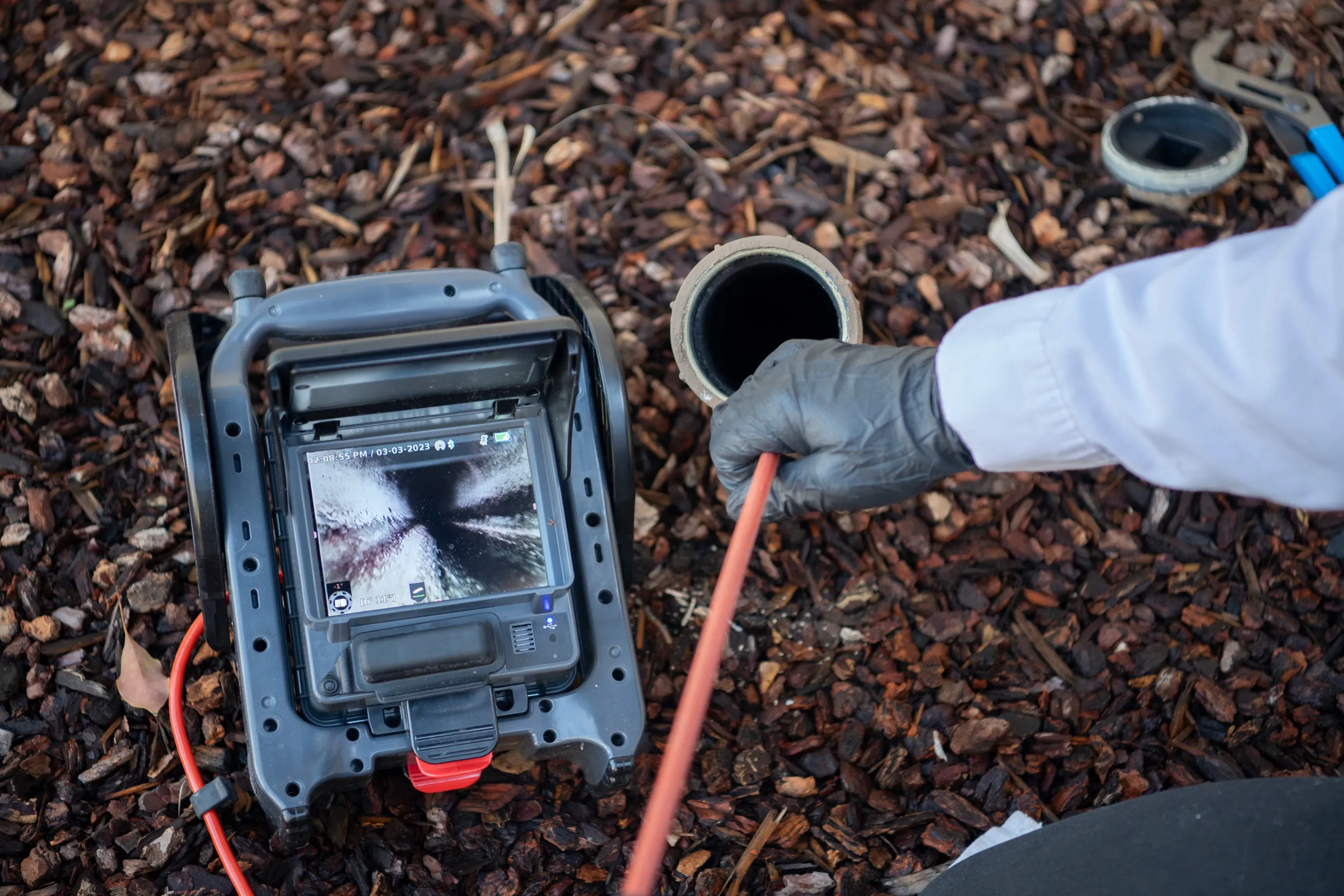 Technician feeds a sewer inspection camera into an open cleanout while the monitor shows the inside of the drain line.